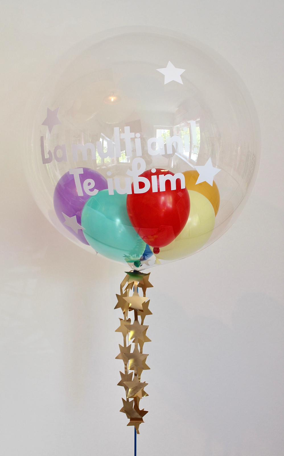 Balon Bobo XL transparent cu heliu (60cm) cu baloane mini curcubeu