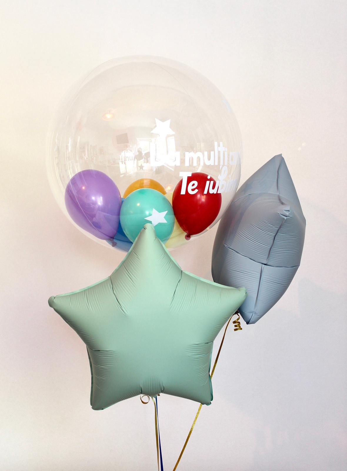 Set baloane cu heliu Bobo (60cm) personalizat + stele folie pastel (40cm)