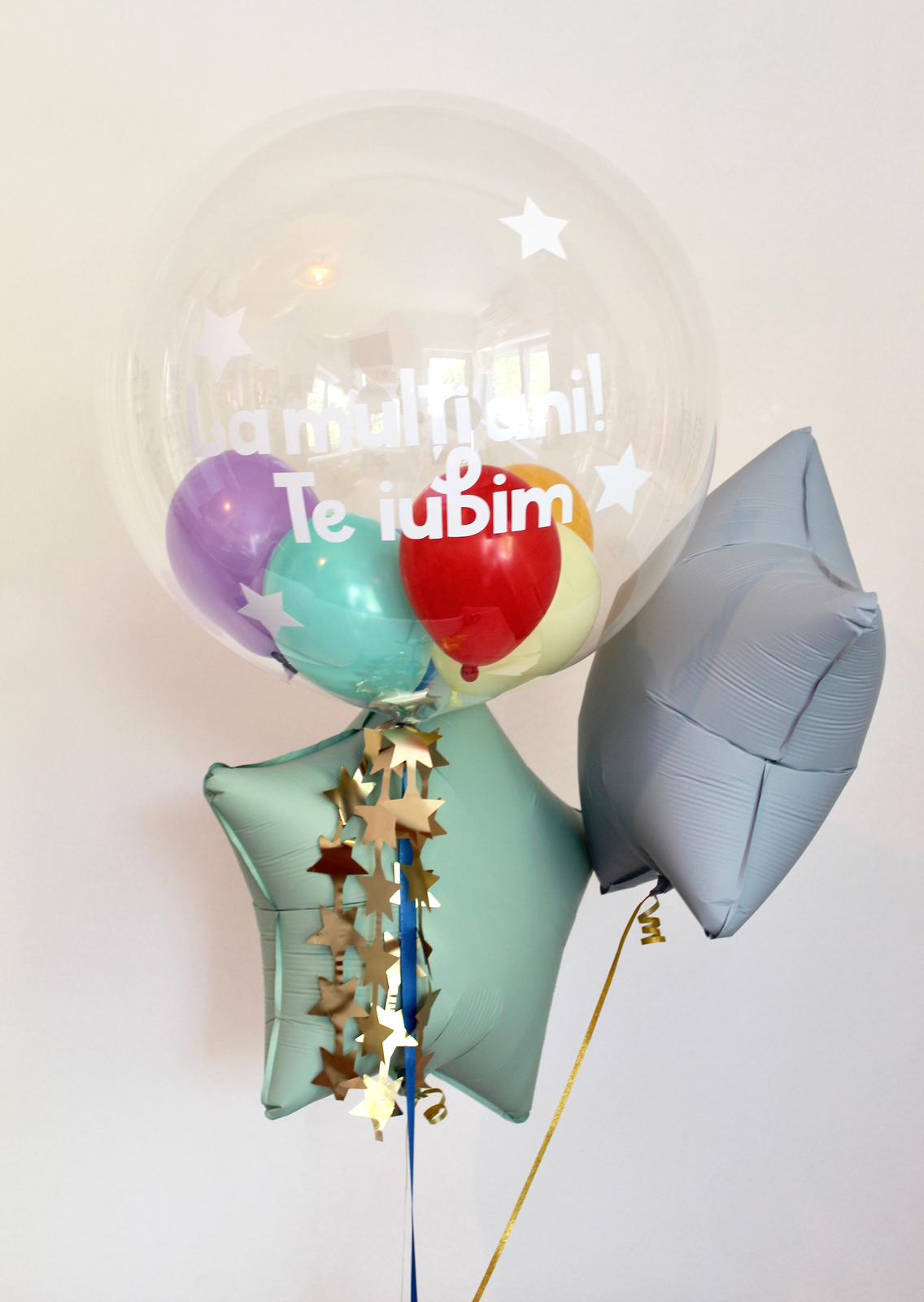 Set baloane cu heliu Bobo (60cm) personalizat + stele folie pastel (40cm)