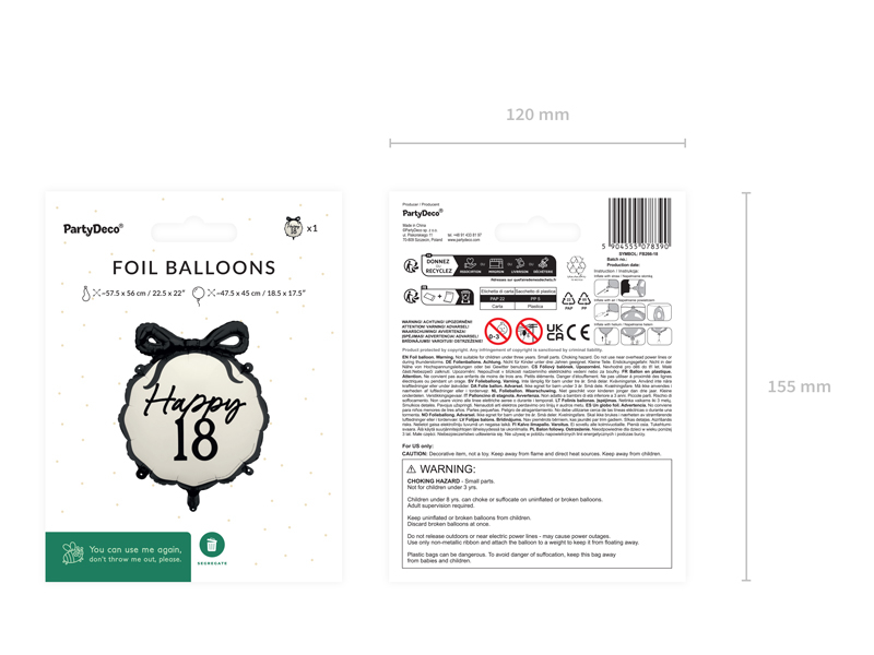 Balon Folie Happy 18 Majorat, 47x53 cm, off white/negru