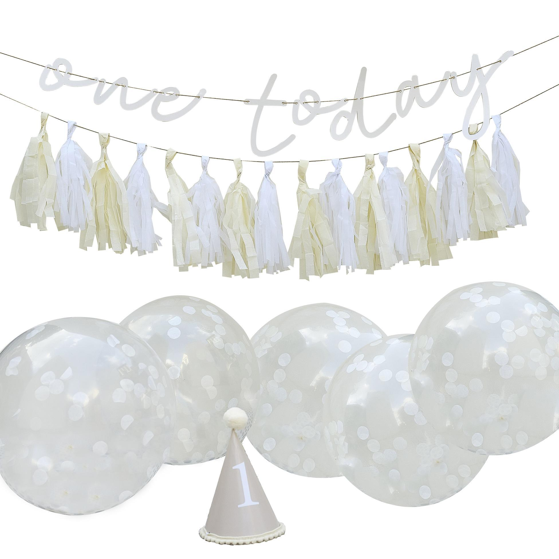 Set aniversar 1 an, Ginger Ray, 5 baloane confetti, banner 'One Today', banner franjuri, coif, Alb & Bej