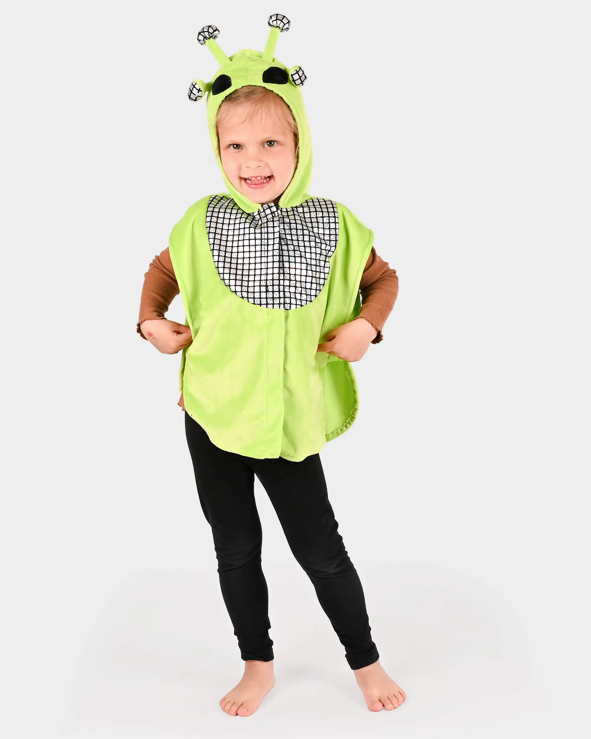 Costum Extraterestru pentru Copii – Pelerină Verde cu Glugă | 1–4 Ani, 86–110 cm
