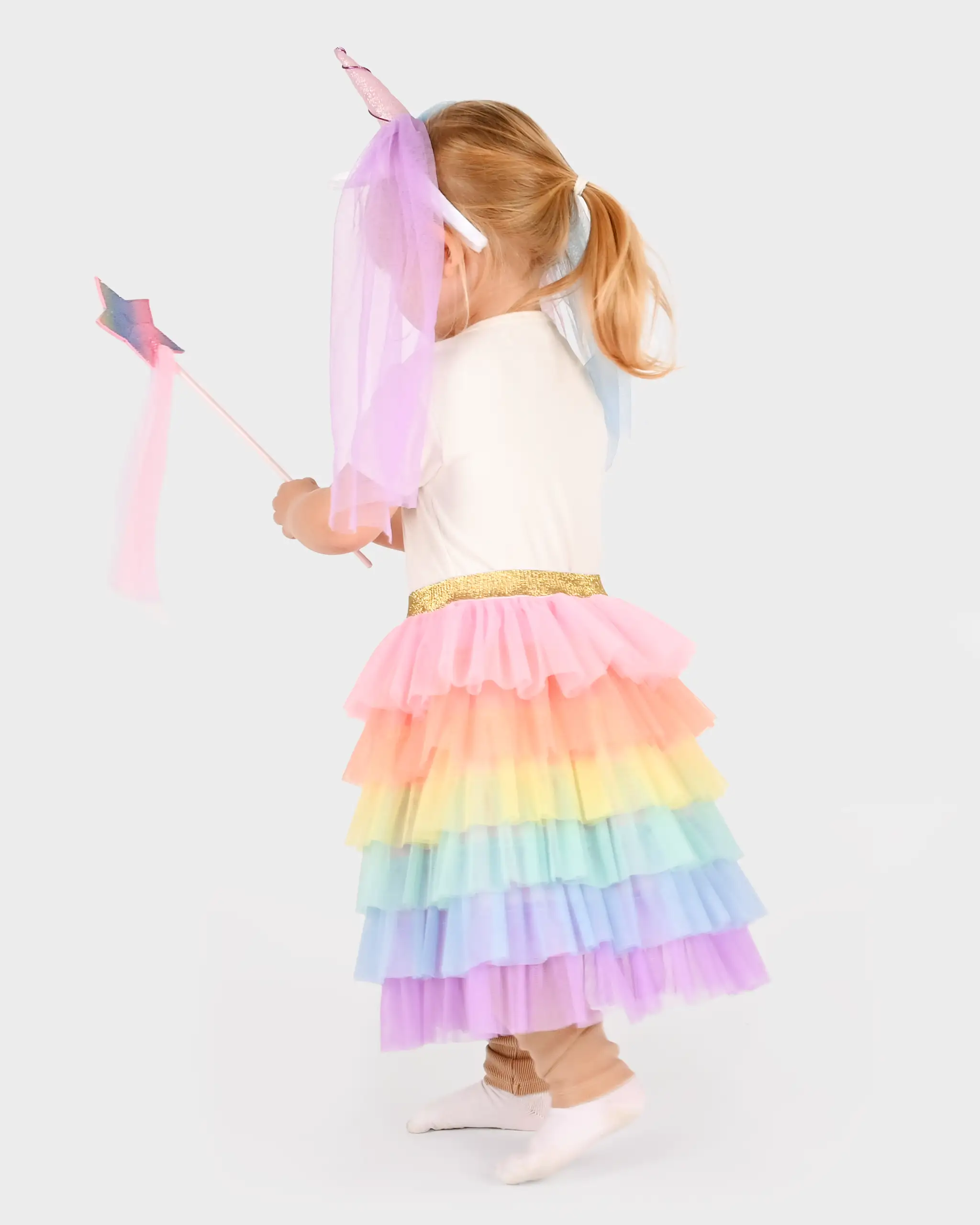 Costum unicorn pentru copii 3–5 ani cu fustă tutu multicoloră, bentiță cu corn și voal și baghetă cu stea