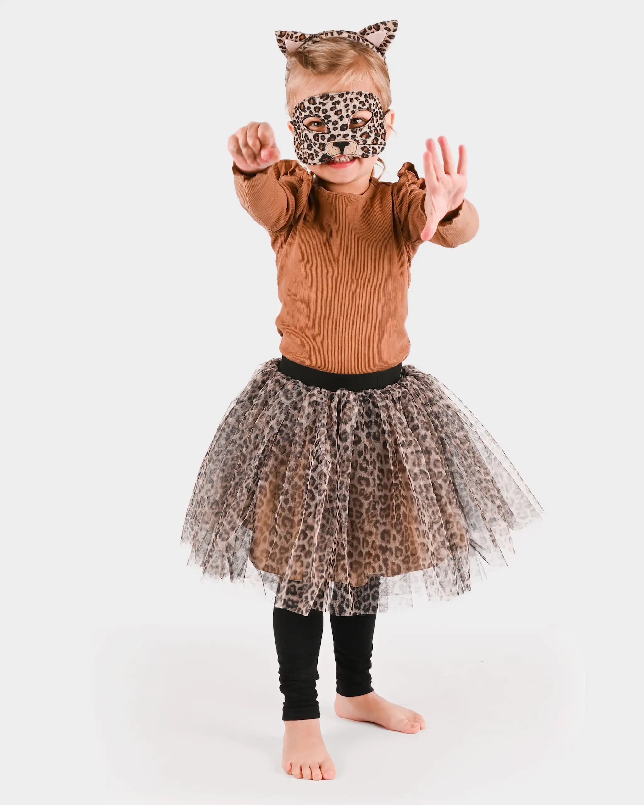 Costum leopard pentru copii 6–8 ani cu fustă tutu, mască și accesorii animal print