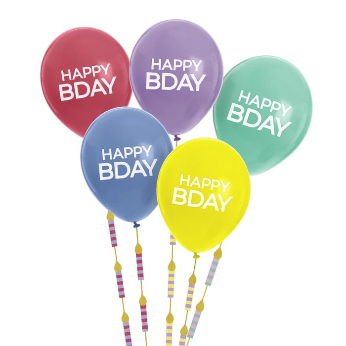 Baloane latex „Happy Bday” (5 buc) 30cm cu siruri colorate cu lumanari, 1.7m