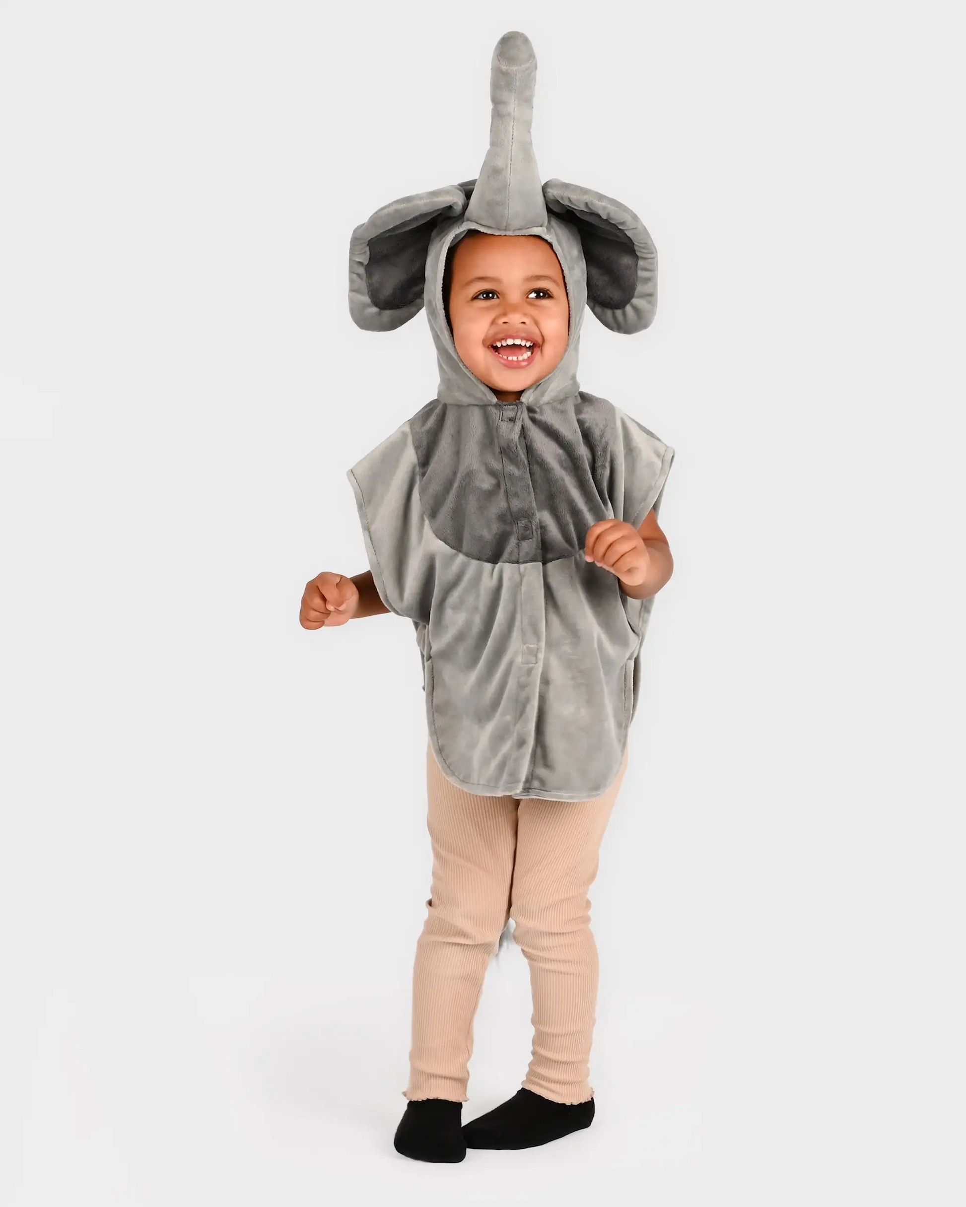 Costum elefant pentru copii 1–4 ani, pelerină gri cu glugă, trompă, urechi mari și codiță