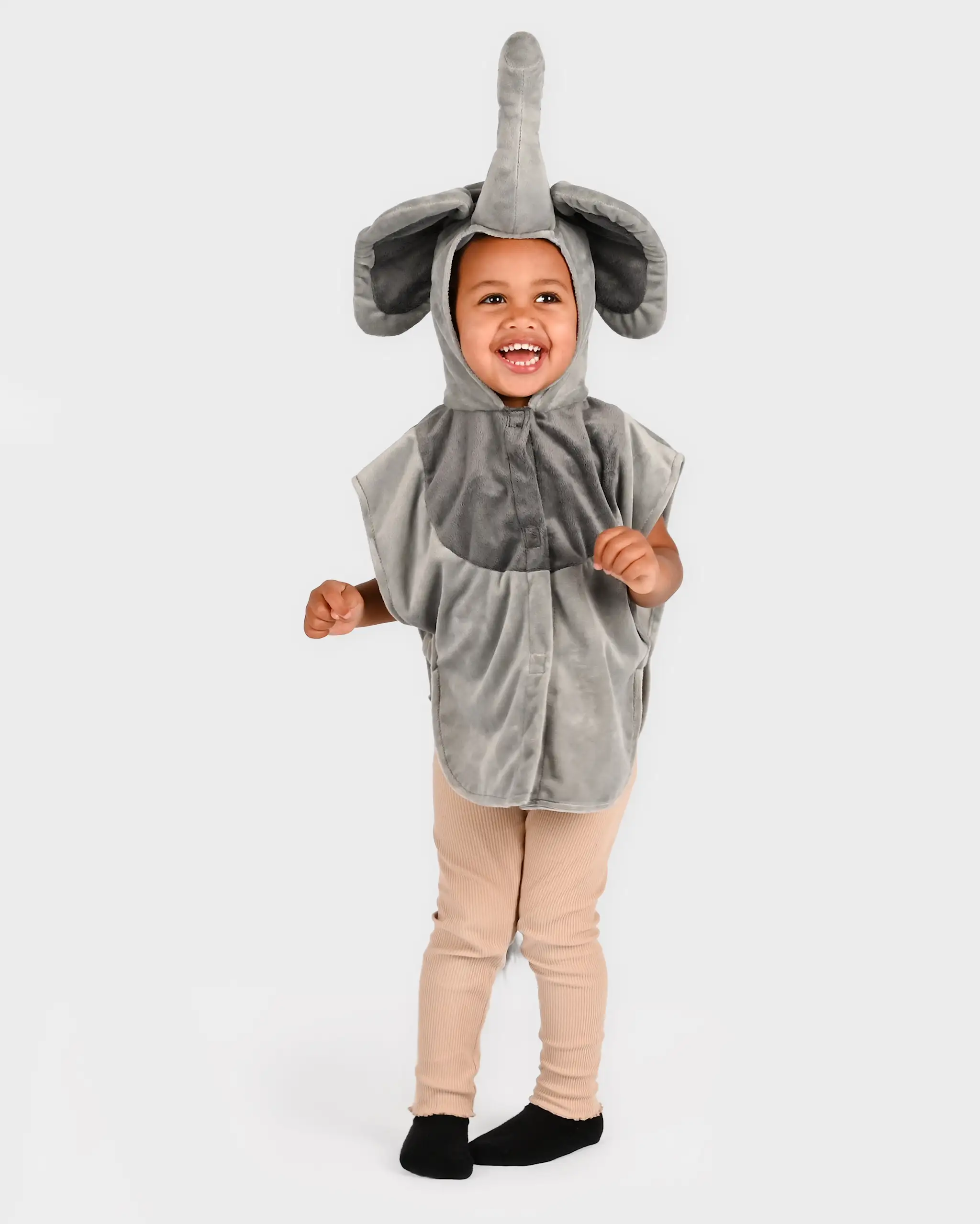 Costum elefant pentru copii 1–4 ani, pelerină gri cu glugă, trompă, urechi mari și codiță