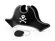 Set de accesorii de pirat din carton negru, format din pălărie cu imprimeu alb cu craniu și oase încrucișate și petic negru pentru ochi.