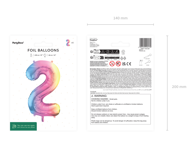 Balon folie cifră 2 (86 cm) curcubeu pastel