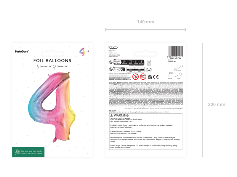 Balon folie cifră 4 (86 cm) curcubeu pastel