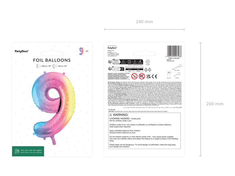 Balon folie cifră 9 (86 cm) curcubeu pastel
