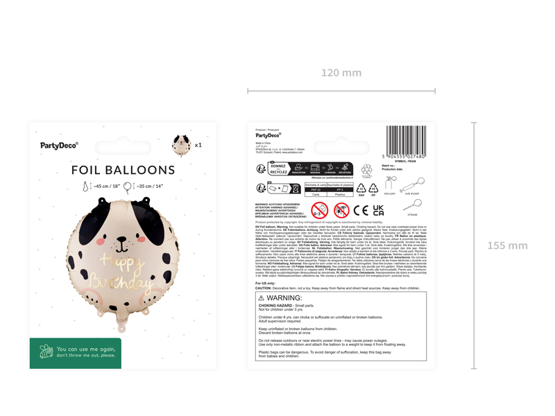 Balon folie cățel Happy Birthday, 35cm, negru/bej/auriu