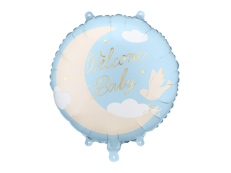 Balon folie Welcome Baby (35cm) albastru deschis / Auriu Baby Shower