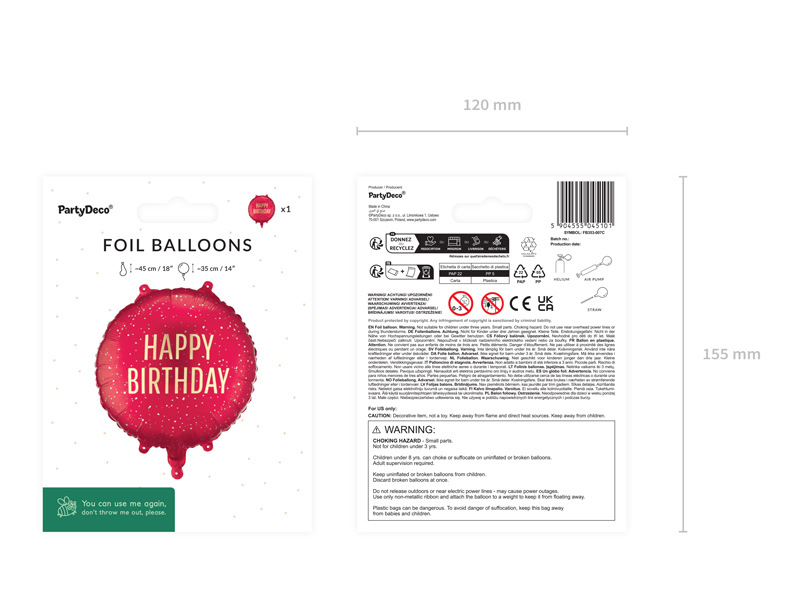 Balon folie Happy Birthday, 35cm, roșu închis