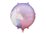 Balon folie Happy Birthday cu unicorn, 35cm, Mov/roz/auriu