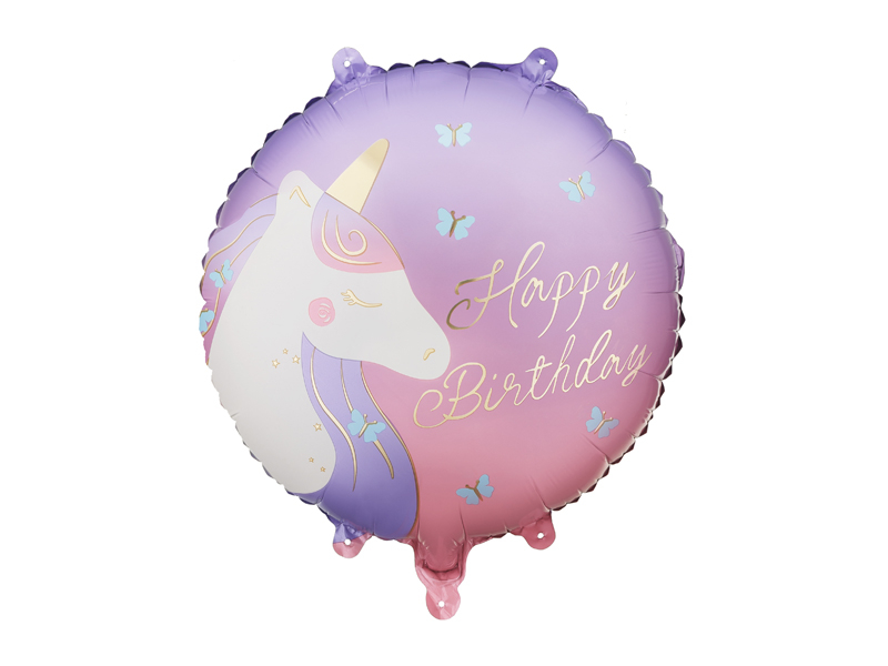 Balon folie Happy Birthday cu unicorn, 35cm, Mov/roz/auriu