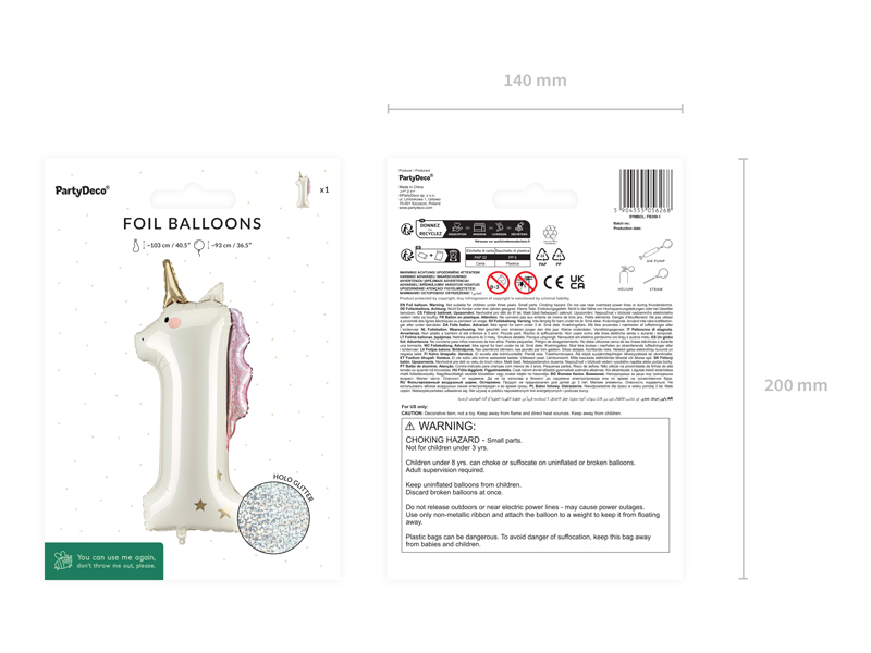 Balon folie Cifră 1 Unicorn, 93 cm