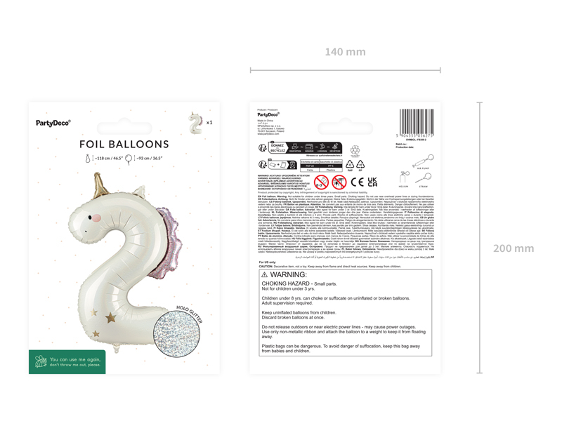 Balon folie Cifră 2 Unicorn, 93 cm