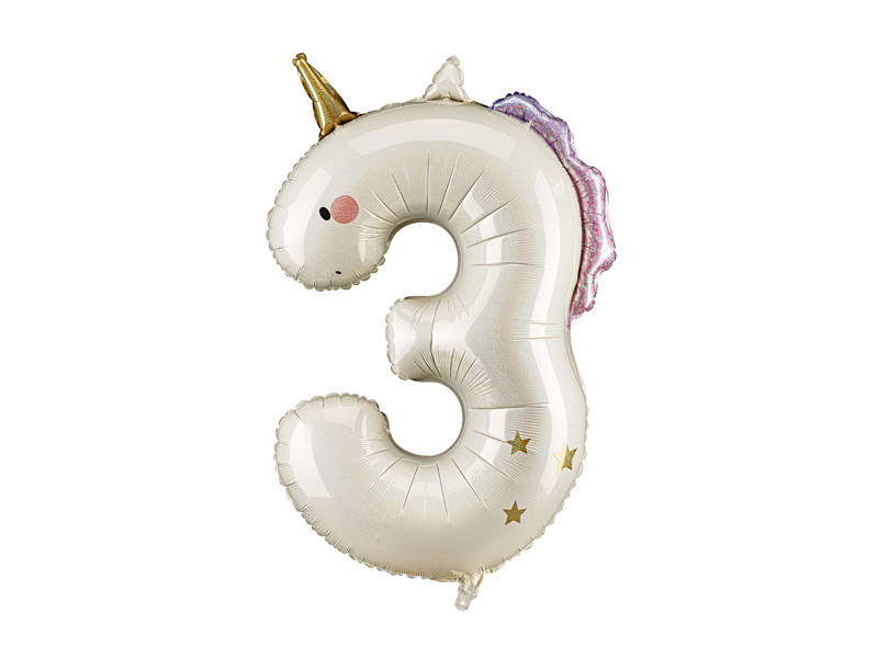 Balon folie Cifră 3 Unicorn, 93 cm