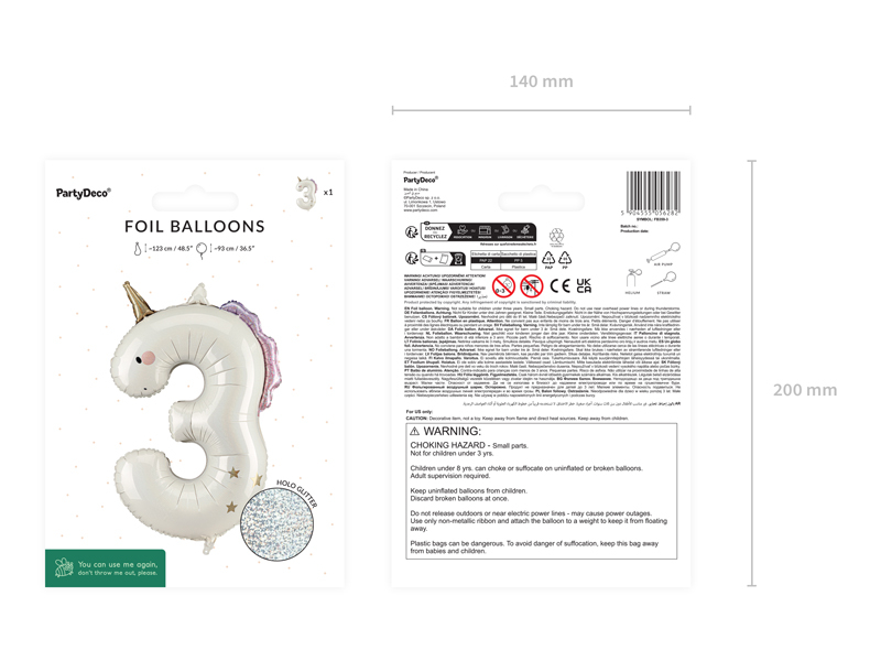 Balon folie Cifră 3 Unicorn, 93 cm