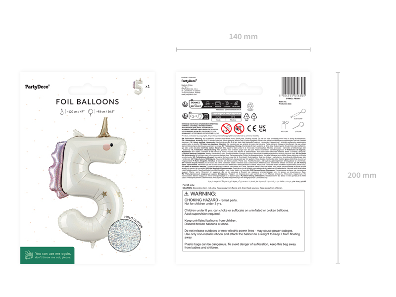 Balon folie Cifră 5 Unicorn, 93 cm