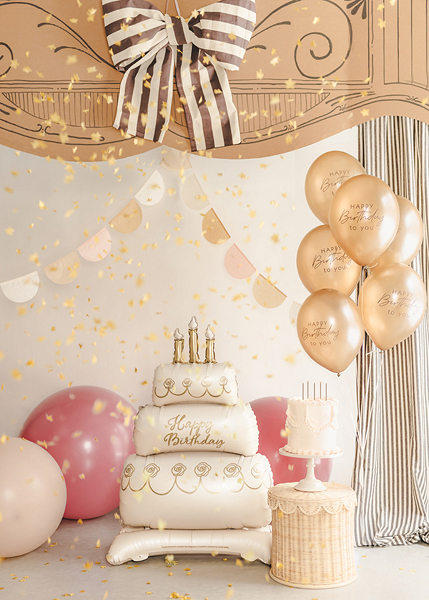 Balon folie Tort Happy Birthday, 70x100 cm, Bej/Auriu