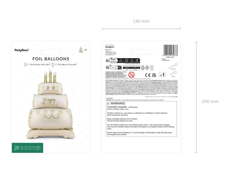 Balon folie Tort Happy Birthday, 70x100 cm, Bej/Auriu