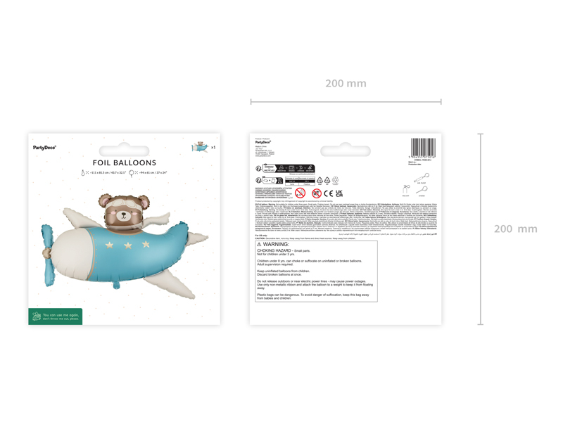 Balon din folie Ursuleț în Avion, 94x61cm, bleu deschis