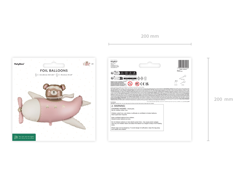 Balon din folie Ursuleț în Avion, 94x61cm, roz deschis