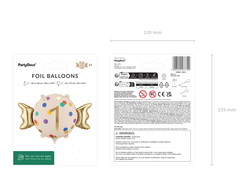 Balon folie Candy cifra 1, 61x37 cm, Auriu/Crem
