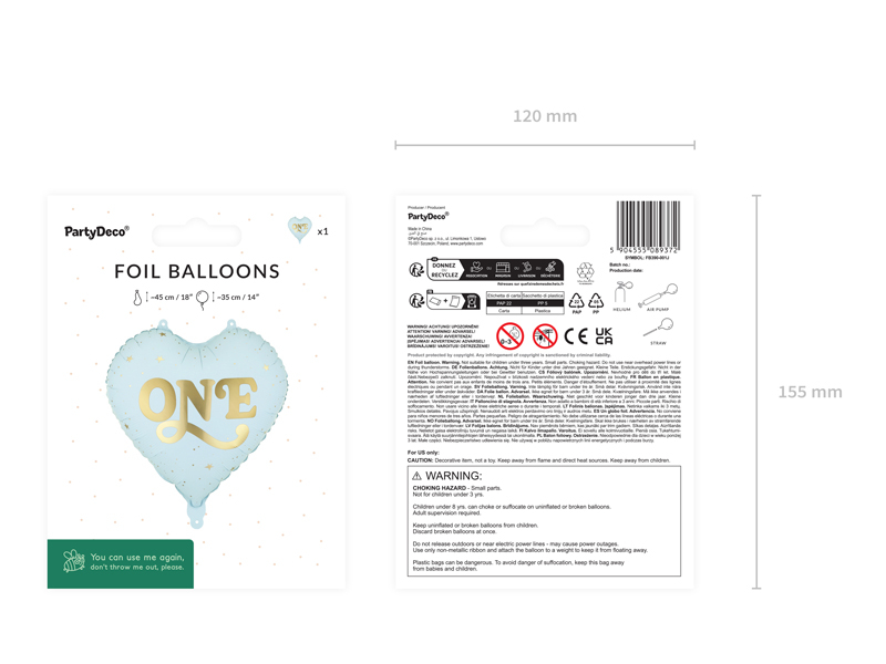 Balon din folie Inimă „One”, 35cm, Albastru deschis