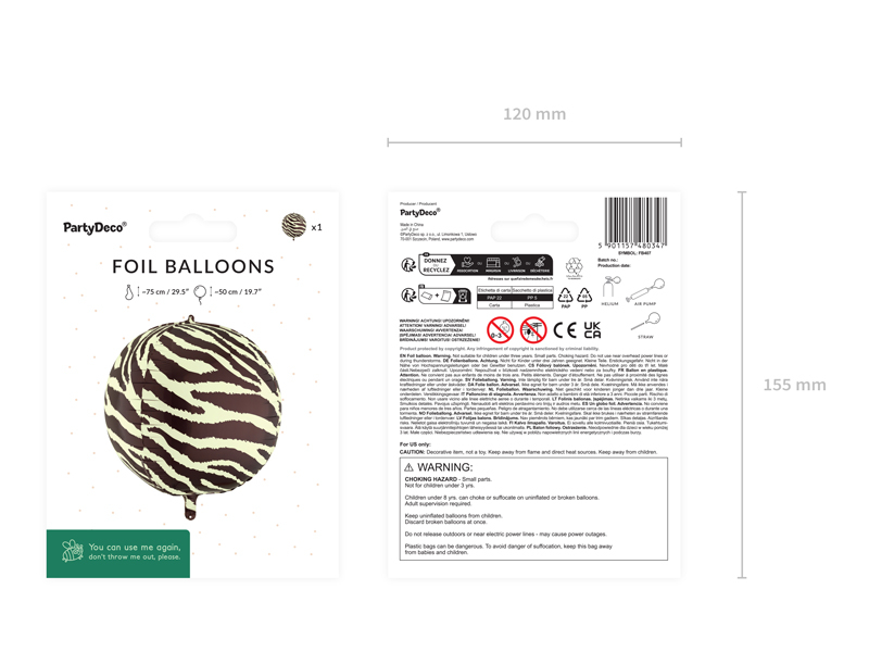 Balon folie XL cu dungi zebră, 50cm, multicolor