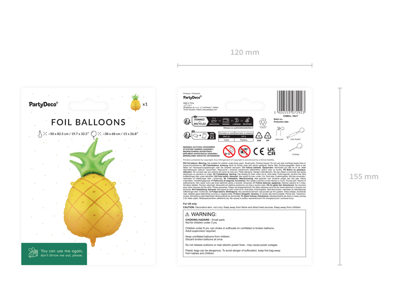 Balon folie Ananas, 38 x 68 cm, galben