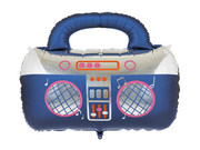 Balon din folie în formă de radio casetofon retro Boombox, albastru închis, cu mâner, difuzoare cu accente roz și detalii holografice argintii, dimensiuni 98 × 70,5 cm după umflare, pe fundal alb.