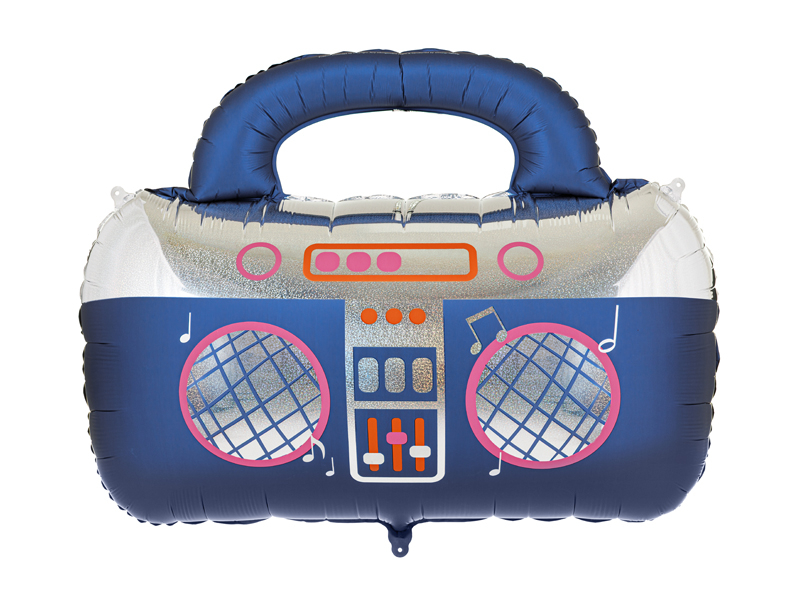 Balon din folie în formă de radio casetofon retro Boombox, albastru închis, cu mâner, difuzoare cu accente roz și detalii holografice argintii, dimensiuni 98 × 70,5 cm după umflare, pe fundal alb.