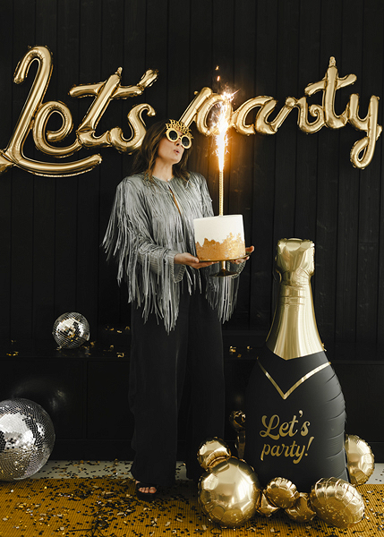 Balon Folie Standing sticlă de șampanie „Let's Party” – Negru și Auriu, 114 cm