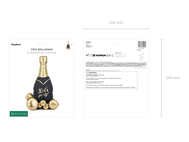 Balon Folie Standing sticlă de șampanie „Let's Party” – Negru și Auriu, 114 cm