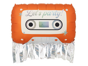 Balon din folie în formă de casetă audio retro portocalie, cu mesajul holografic Let's Party, detalii argintii și franjuri metalizate, dimensiuni 91 × 58 cm după umflare, pe fundal alb.