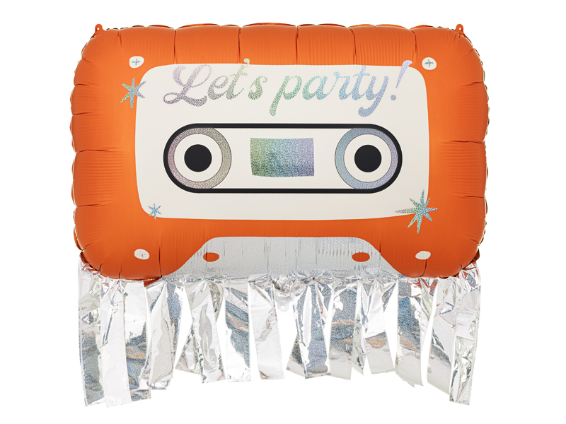 Balon din folie în formă de casetă audio retro portocalie, cu mesajul holografic Let's Party, detalii argintii și franjuri metalizate, dimensiuni 91 × 58 cm după umflare, pe fundal alb.