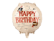 Balon folie rotund bej Happy Birthday Pirați, 35 cm, cu mesaj roșu, corabie cu steag pirat, cufăr cu comori și trasee punctate.