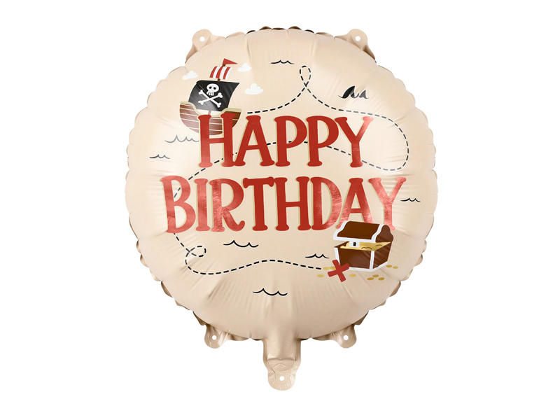 Balon folie rotund bej Happy Birthday Pirați, 35 cm, cu mesaj roșu, corabie cu steag pirat, cufăr cu comori și trasee punctate.