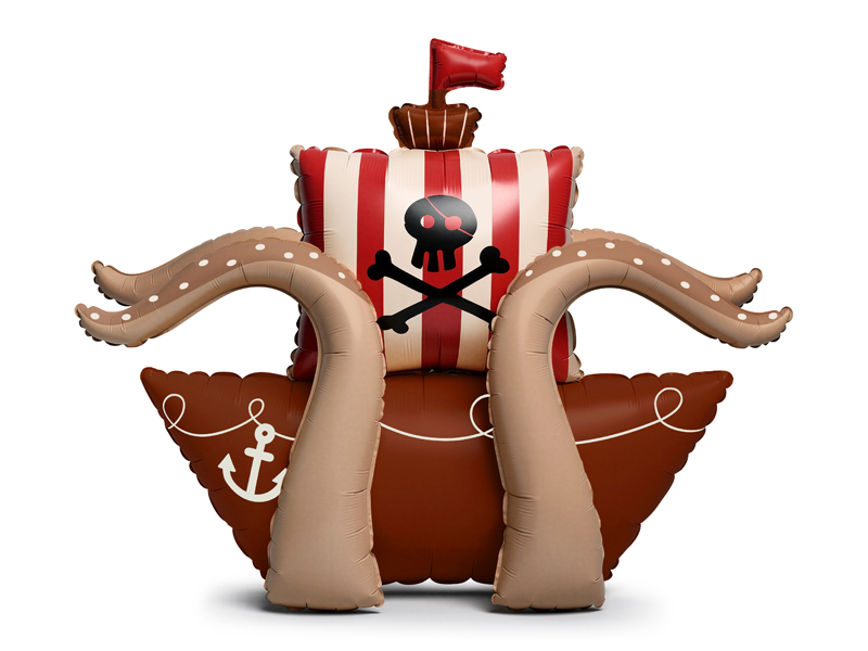 Balon folie 3D corabie de pirați maro, cu pânză roșie și albă, craniu de pirat și tentacule de caracatiță, 120 × 91 cm.