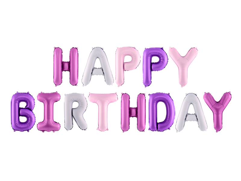 Baloane folie Happy Birthday pastel roz lila și mov 340 cm
