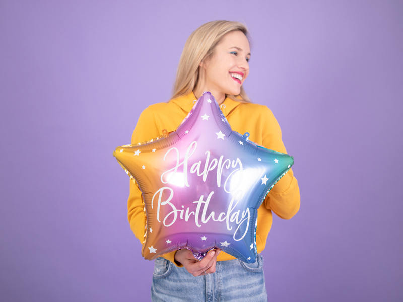 Balon folie stea „Happy Birthday”, 40cm, curcubeu