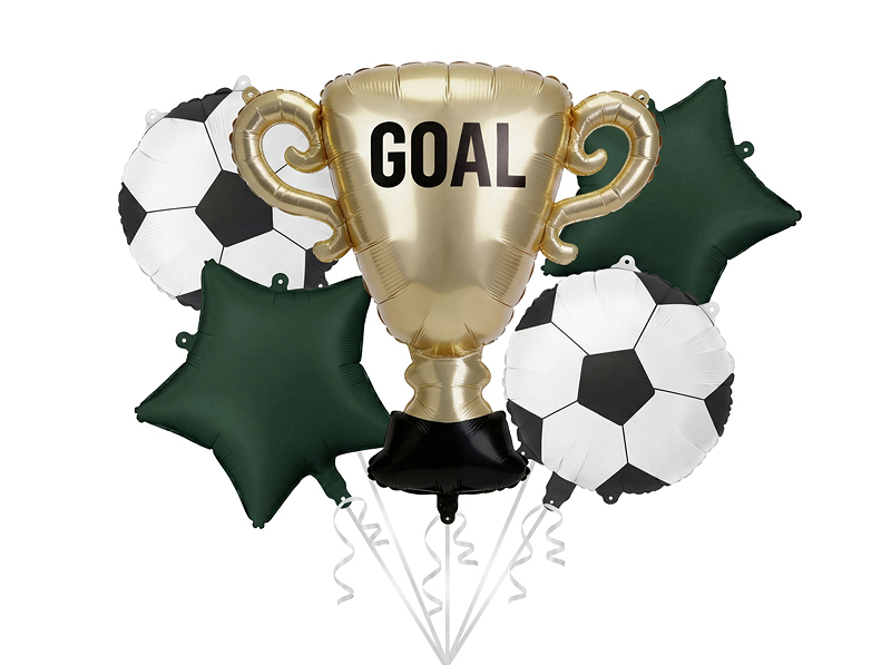 Set 5 baloane folie fotbal cu trofeu auriu GOAL, două mingi de fotbal alb-negru și două stele verde închis.