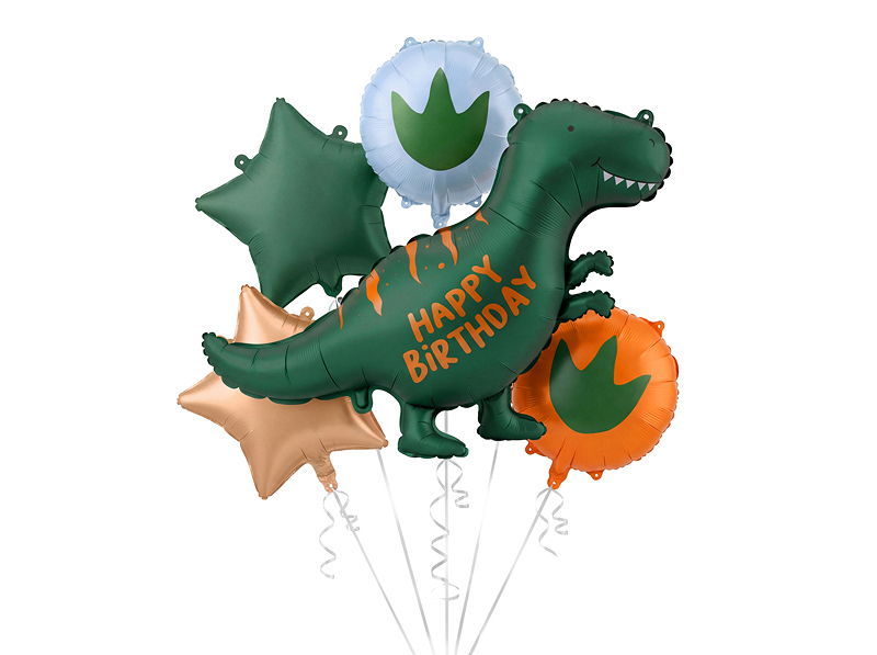 Set 5 baloane folie cu dinozaur verde Happy Birthday, stele verzi și portocalii și baloane cu urme de dinozaur.