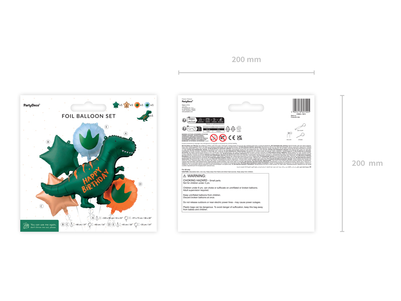 Set 5 baloane folie cu dinozaur verde Happy Birthday, stele verzi și portocalii și baloane cu urme de dinozaur.