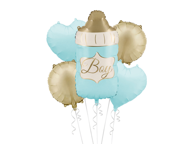 Set 5 Baloane Folie Baby Boy – Biberon Bleu și Baloane Aurii