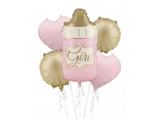 Set 5 baloane folie Baby Girl cu biberon roz și auriu, două inimioare roz și două baloane rotunde aurii pentru baby shower.