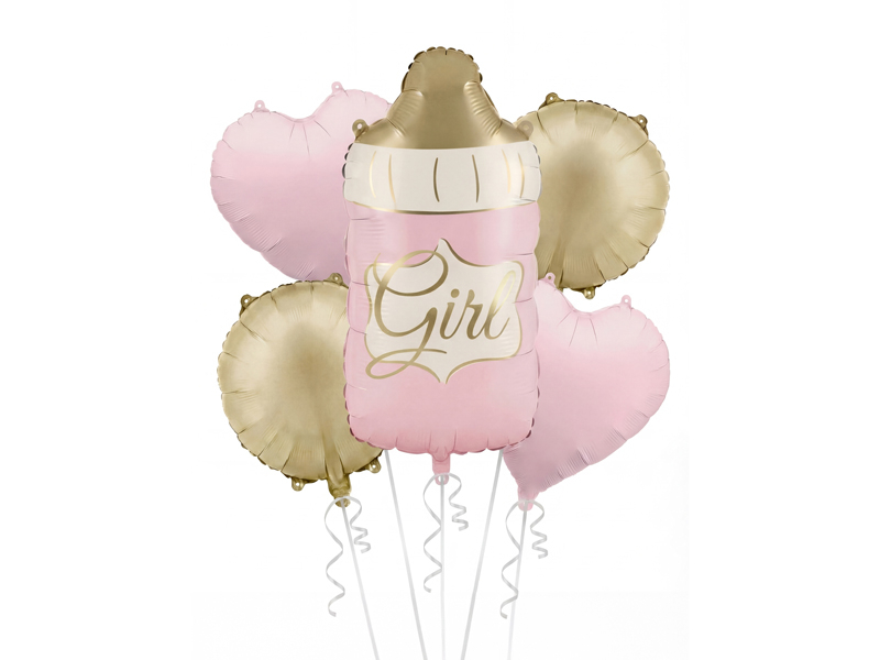 Set 5 baloane folie Baby Girl cu biberon roz și auriu, două inimioare roz și două baloane rotunde aurii pentru baby shower.